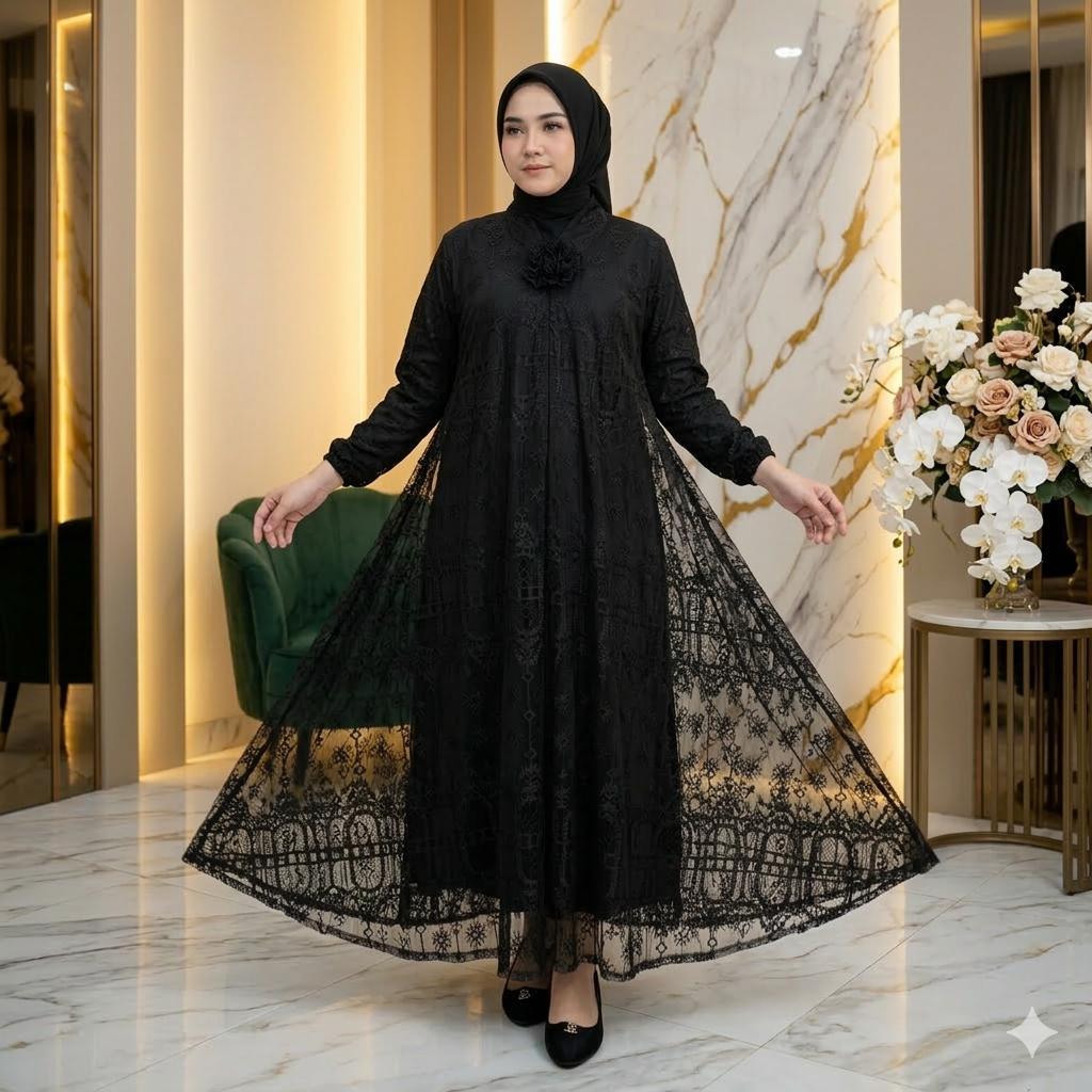 Gamis Tile Polos Bunga Standar - Jumbo Kartini Baju Busana Muslim Wanita 76421