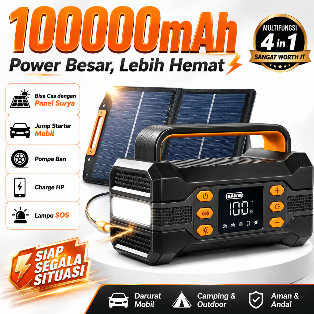 Jump Starter Mobil Powerbank Aki Mobil Portable Pompa Ban Elektrik Senter SOS Charger HP 12V