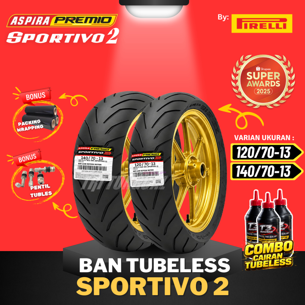 [READY COD] BAN ASPIRA PREMIO SPORTIVO 2 ( 120/70-13 & 140/70-13 ) TUBELESS MEDIUM SOFT COMPOUND RIN