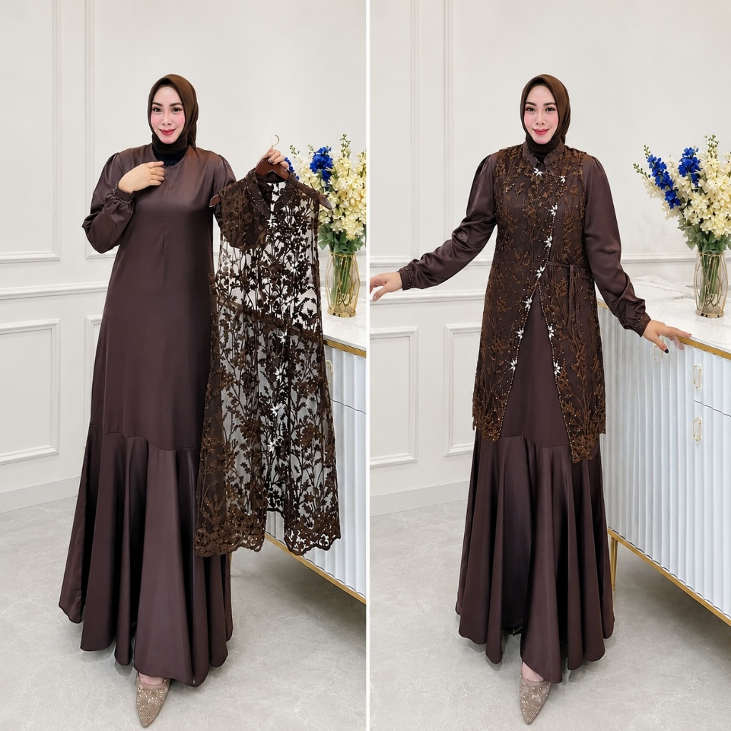 Gamis Pesta Navy Premium Brokat Elegan Muslimah Modern Dress Kondangan Wanita Mewah Terbaru 2026