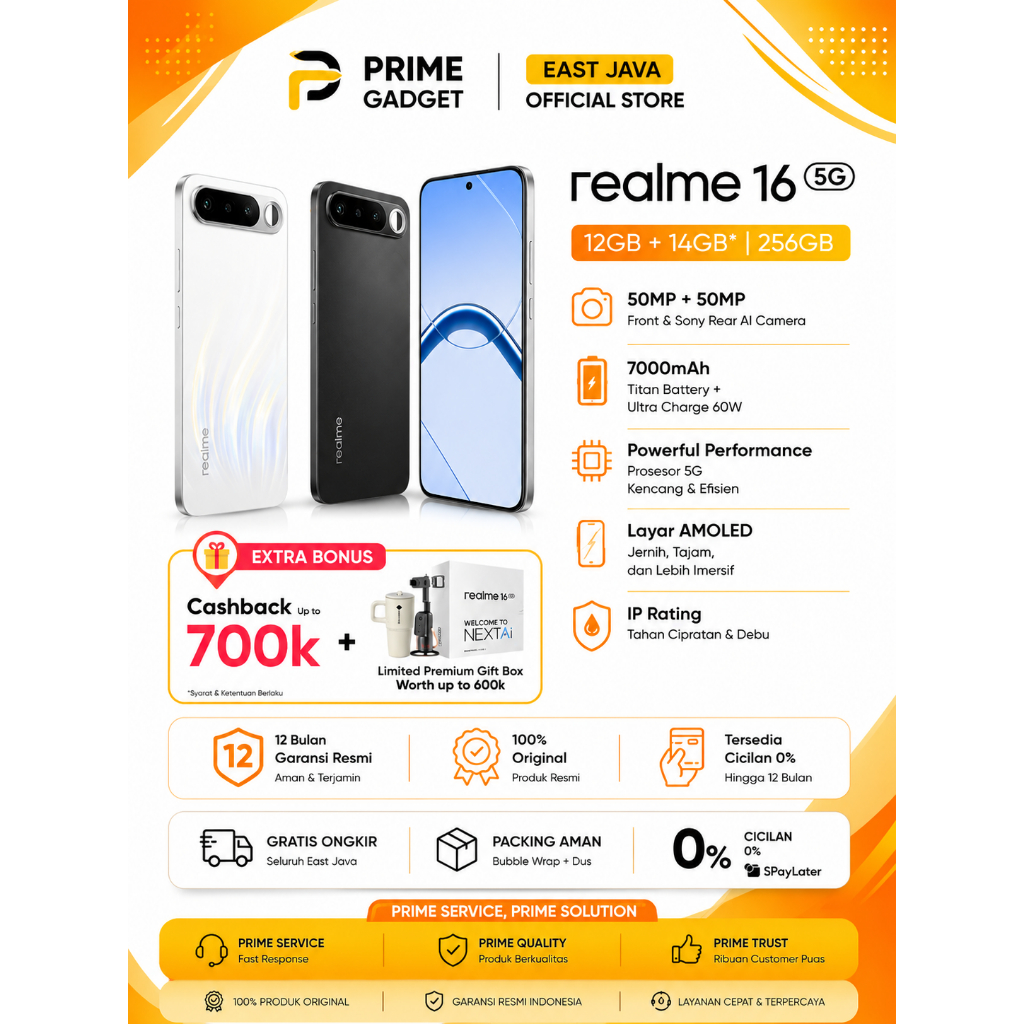 Prime Gadget - realme 16 5G 12GB/256GB Garansi Resmi Indonesia Original HP 5G Terbaru 7000mAh Batter