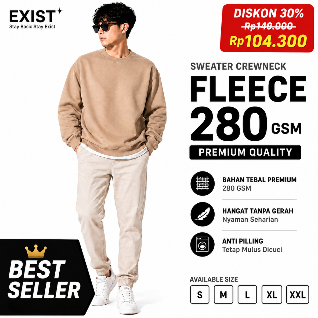 EXIST Sweater Crewneck Polos Fleece Tebal Pria Wanita Basic Coklat Susu
