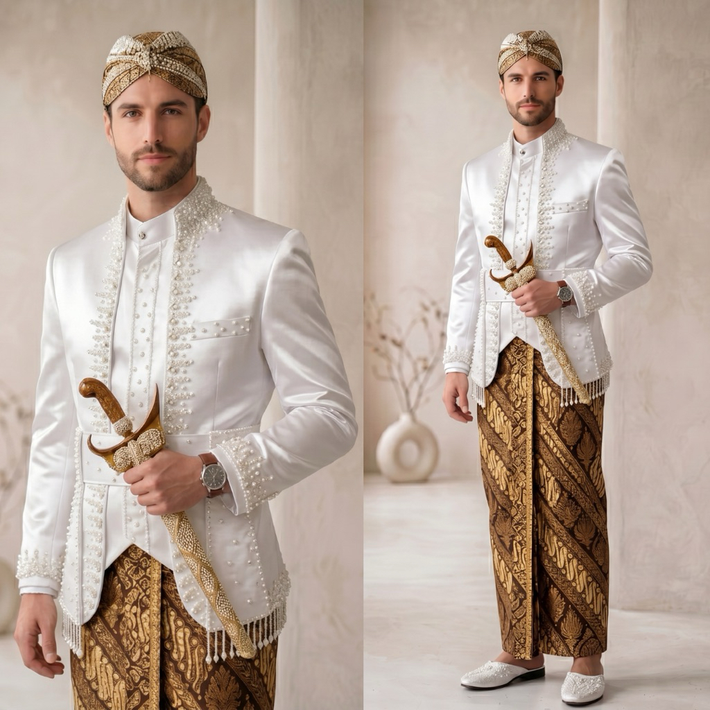 Beskap jawa pengantin pria lengkap set | Beskap pengantin jawa putih payet premium
