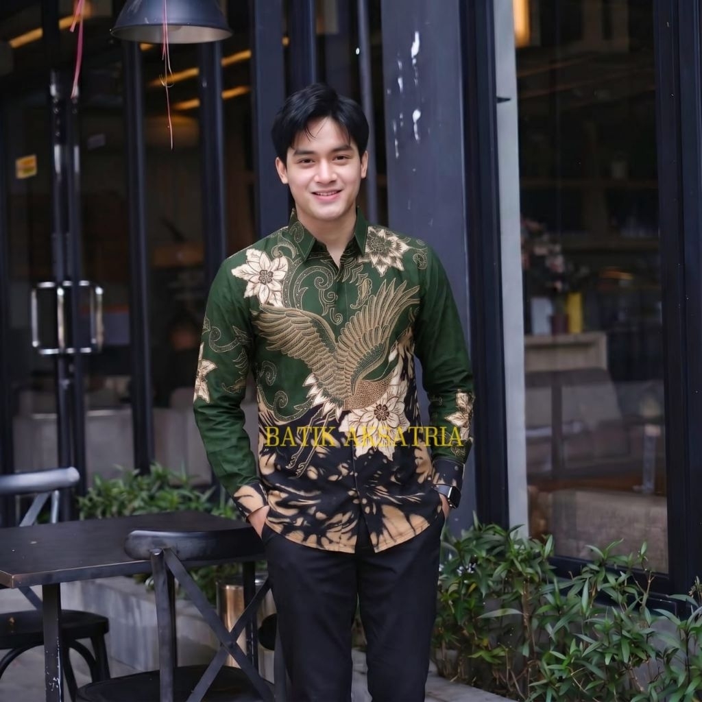 batik AKSATRIA motif BASKARA Hijau botol elegan Kemeja batik pria slimfit lengan panjang pendek baha
