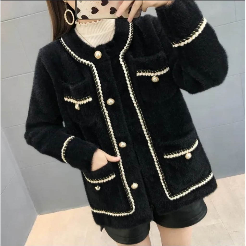 (5) Sweater & Cardigan Rajut Bulu fuzzy Crop | Oversize | Lengan Balon