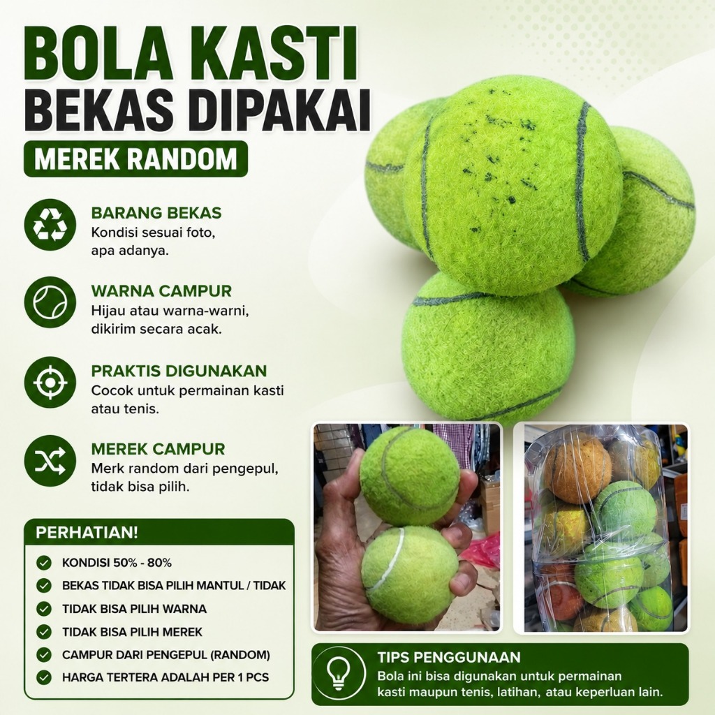 BOLA KASTI / BOLA TENIS LAPANGAN BEKAS WARNA SECOND MURAH HARGA GROSIR