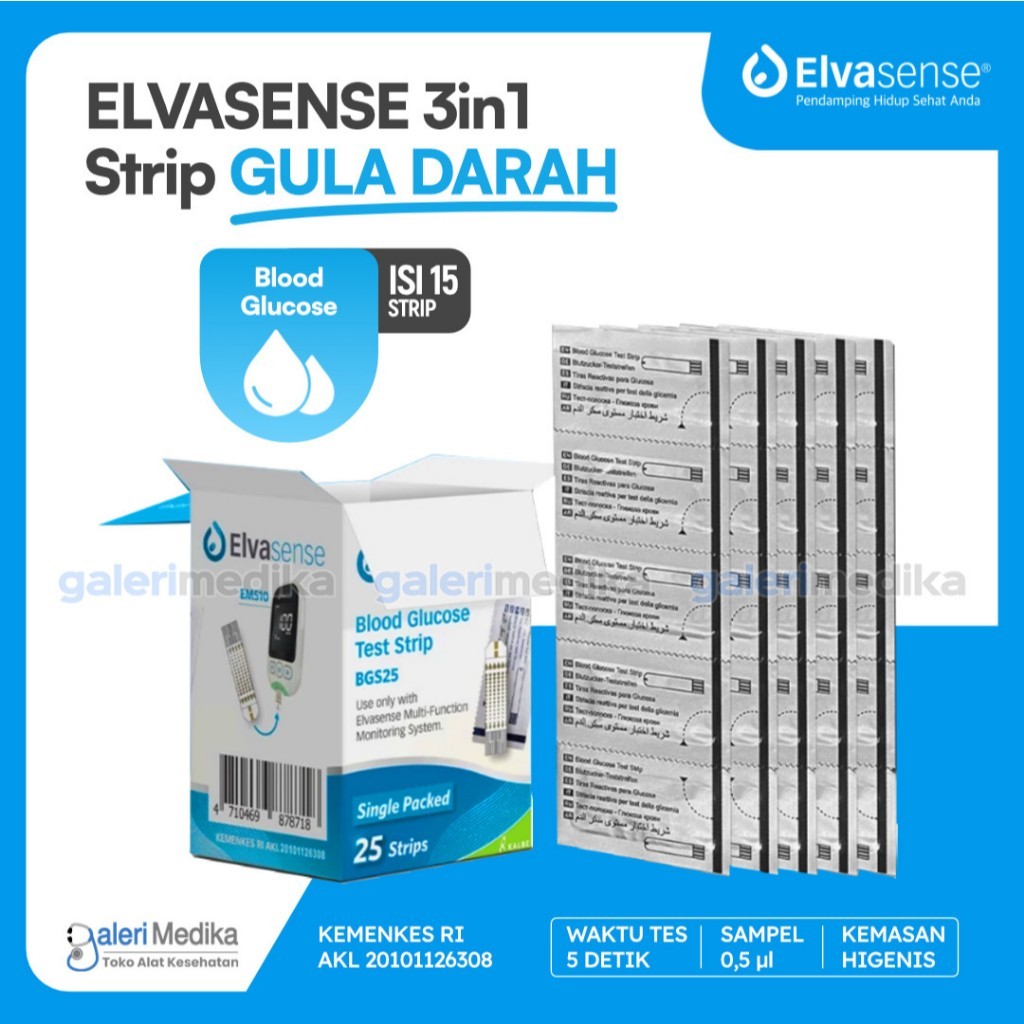ELVASENSE 3in1 Strip GLU GULA DARAH Kemasan HIGENIS Isi 25 pcs