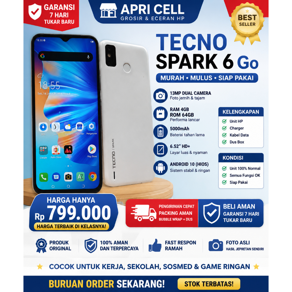 TECNO Spark 6 Go 4GB 64GB HP Bekas Normal Lancar Siap Pakai