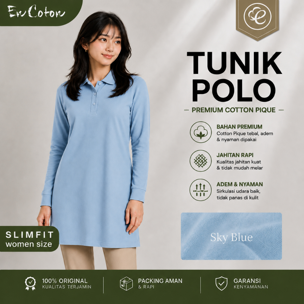 Kaos Kerah Polo TUNIK Wanita Cewek SKY BLUE BIRU MUDA BIRU LANGIT Premium Tangan Lengan Panjang Slim