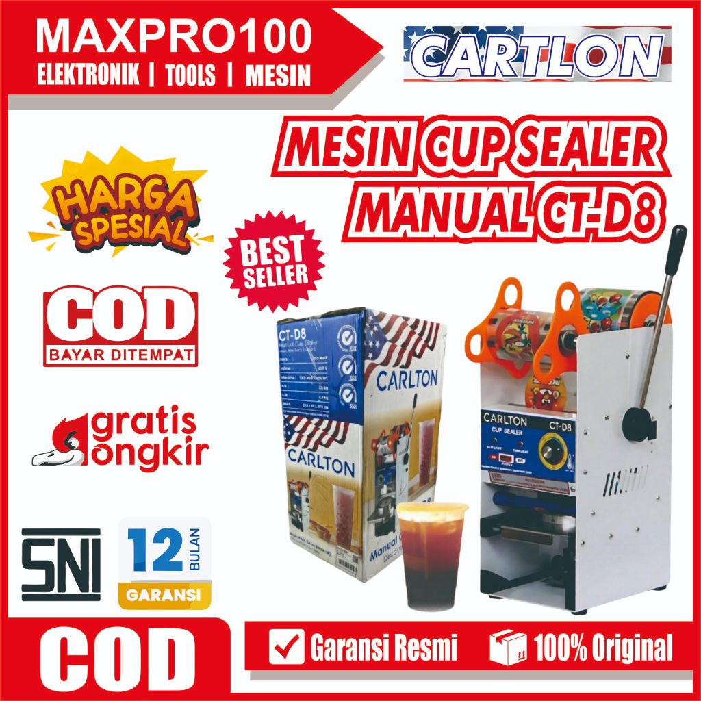 Mesin Cup Sealer Manual Carlton CT-D8 Counter Alat Press Gelas Plastik Es Teh Boba 12-16 oz
