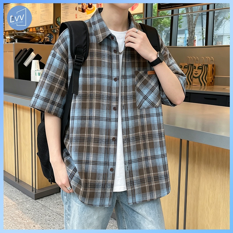 Oversize shirt Kemeja flanel Kemeja flanel pendek Katun Oversiz Kemeja flanel pendek pria Kemeja fla