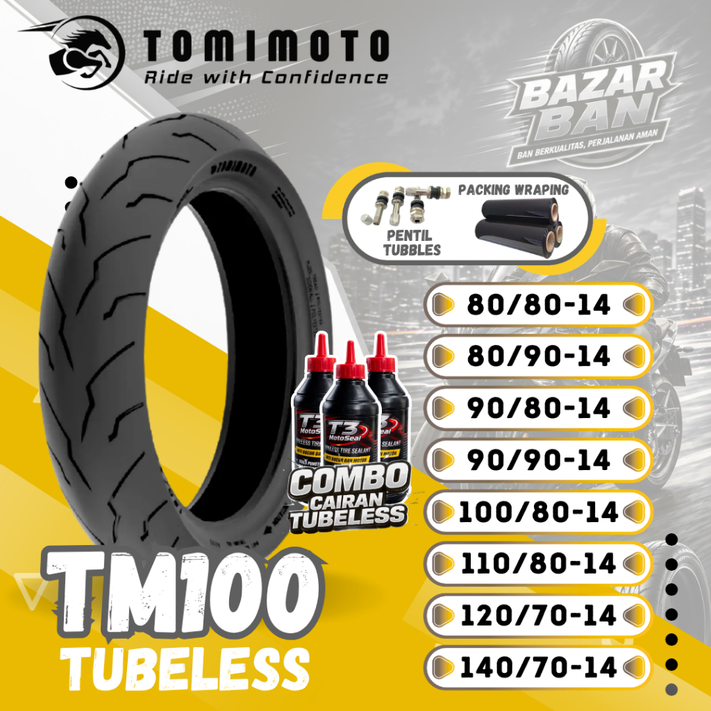 (PRODUKSI TERBARU) BAN TOMIMOTO TUBELESS RING 14 TM100 ( 80/80-14 / 80/90-14 / 90/80-14 / 90/90-14 /