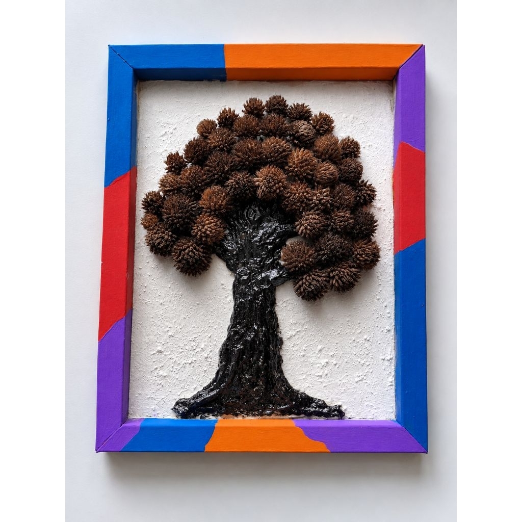 Hiasan dinding/bingkai bunga kering aesthetic/kolase pom-pom/kerajinan tangan