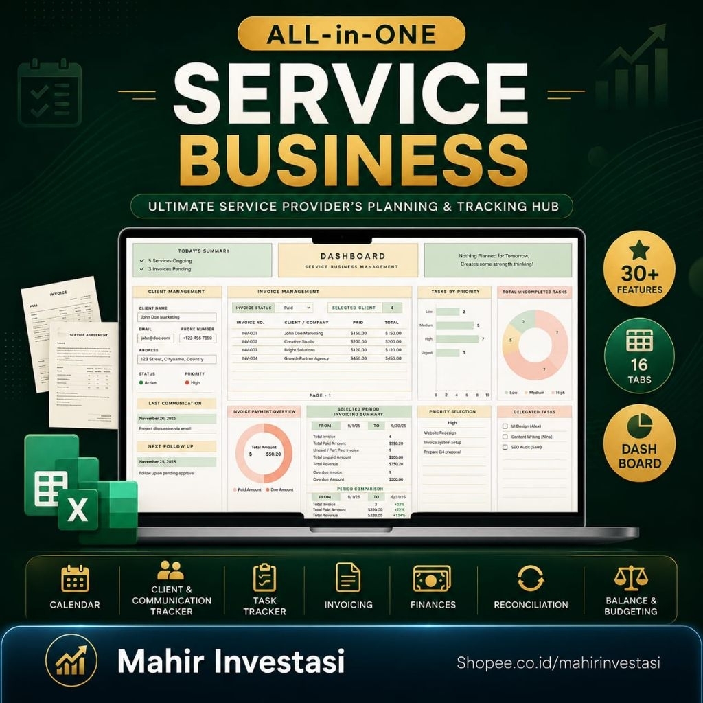Pencatatan Keuangan untuk Bidang Jasa Lengkap, All-in-One CRM & Bookkeeping Template: Task, Invoice 