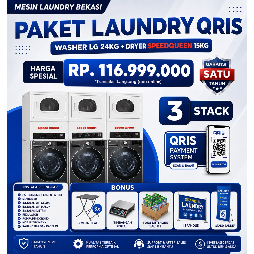 PAKET LAUNDRY SELF SERVICE PARTISI MESIN CUCI LG 24KG DRYER SPEED QUEEN 15 KGLENGKAP