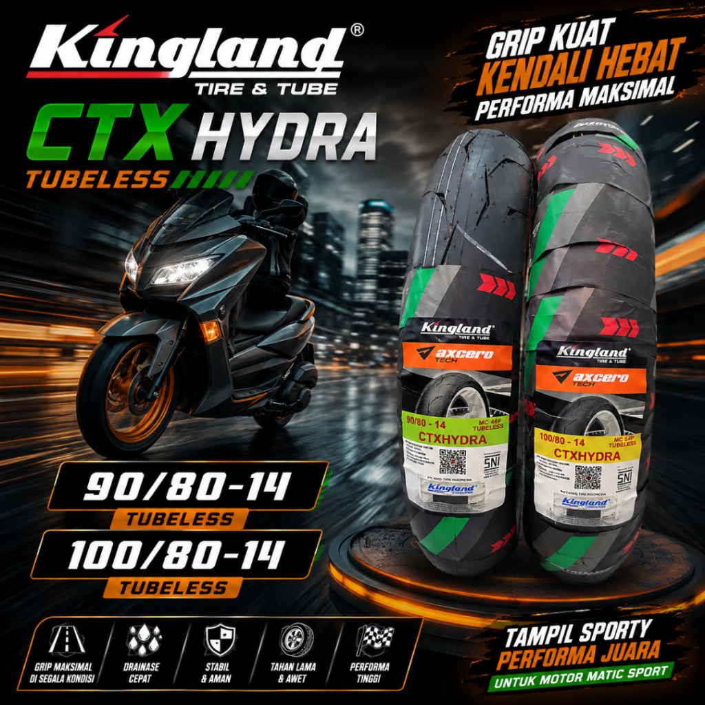 Ban Ring 14 Ban KINGLAND CTX HYDRA 90/80-14 Tubeless Soft Compound Ban Motor Matic Ban Soft Compund 