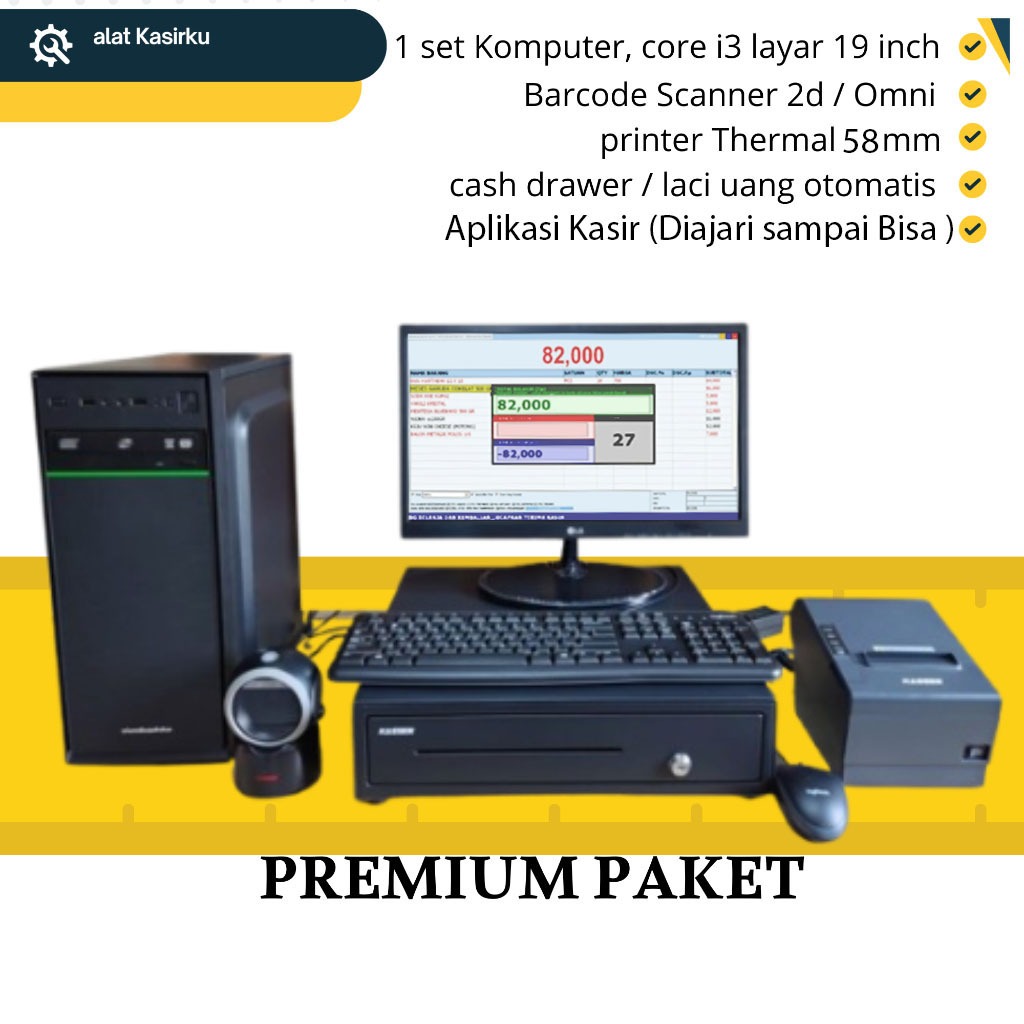 PAKET KOMPUTER KASIR FULL SET TOKO SEMBAKO/MINIMARKET/GROSIR SIAP PAKAI - diajari sampai Bisa