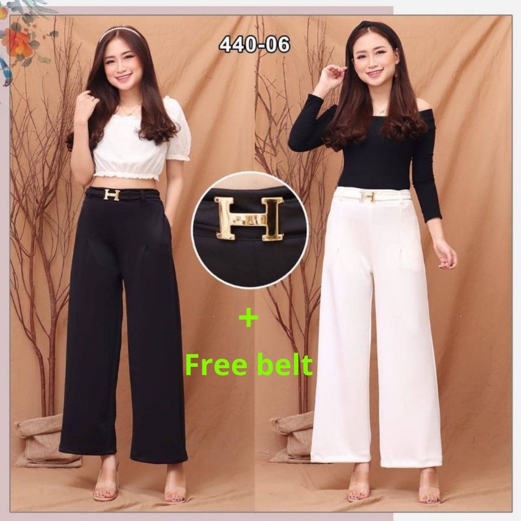 Celana Kulot Wanita Scuba Motif Belt H