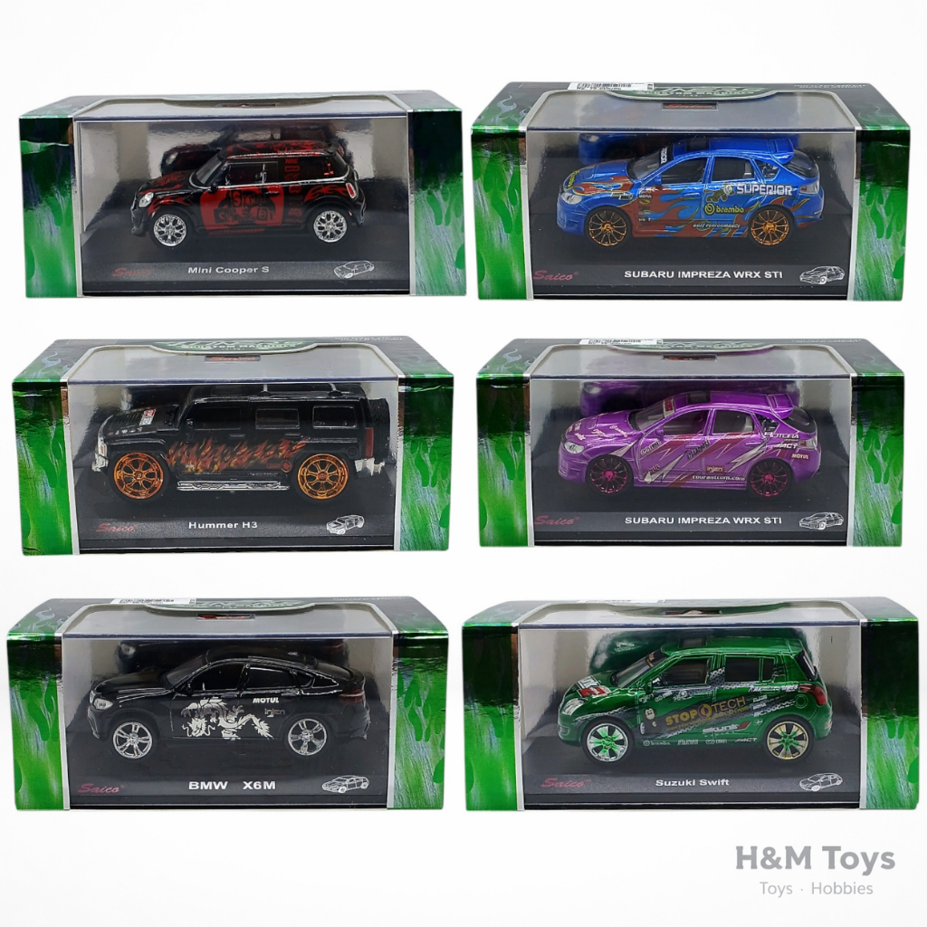 Diecast Saico 1:43 Kemasan Akrilik - Miniatur Kendaraan Swift Cooper Subaru BMW Rover Hummer