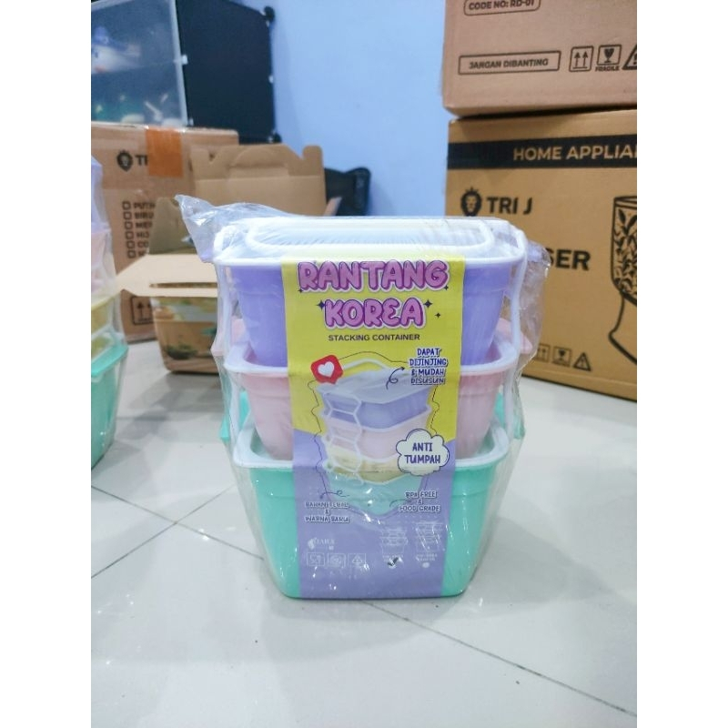 Rantang KOREA Rantang Plastik Susun 3 & 4 Kotak Makan Susun Food Grade Bpa Free Rantang Korea Stacki