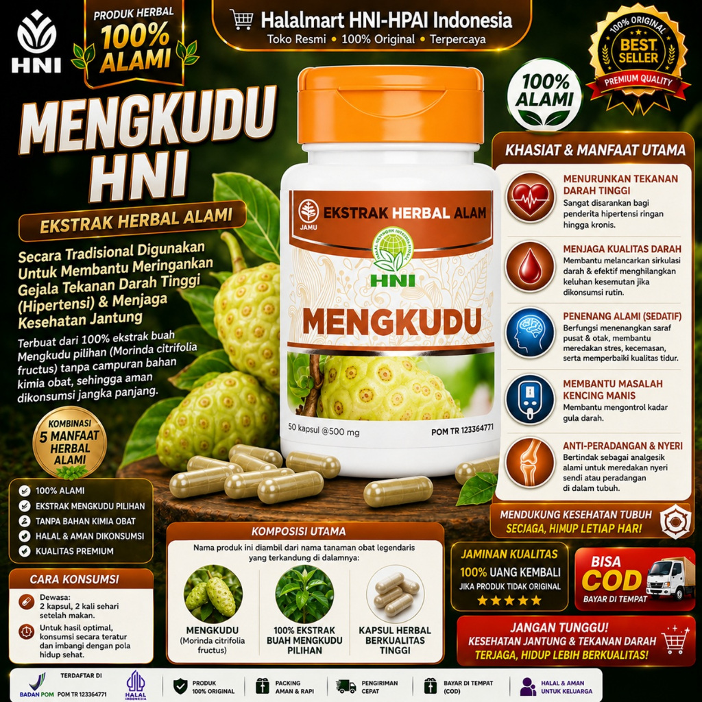 Mengkudu HNI HPAI Original - Kapsul Herbal Obat Darah Tinggi Hipertensi Ampuh - Suplemen Penurun Kol