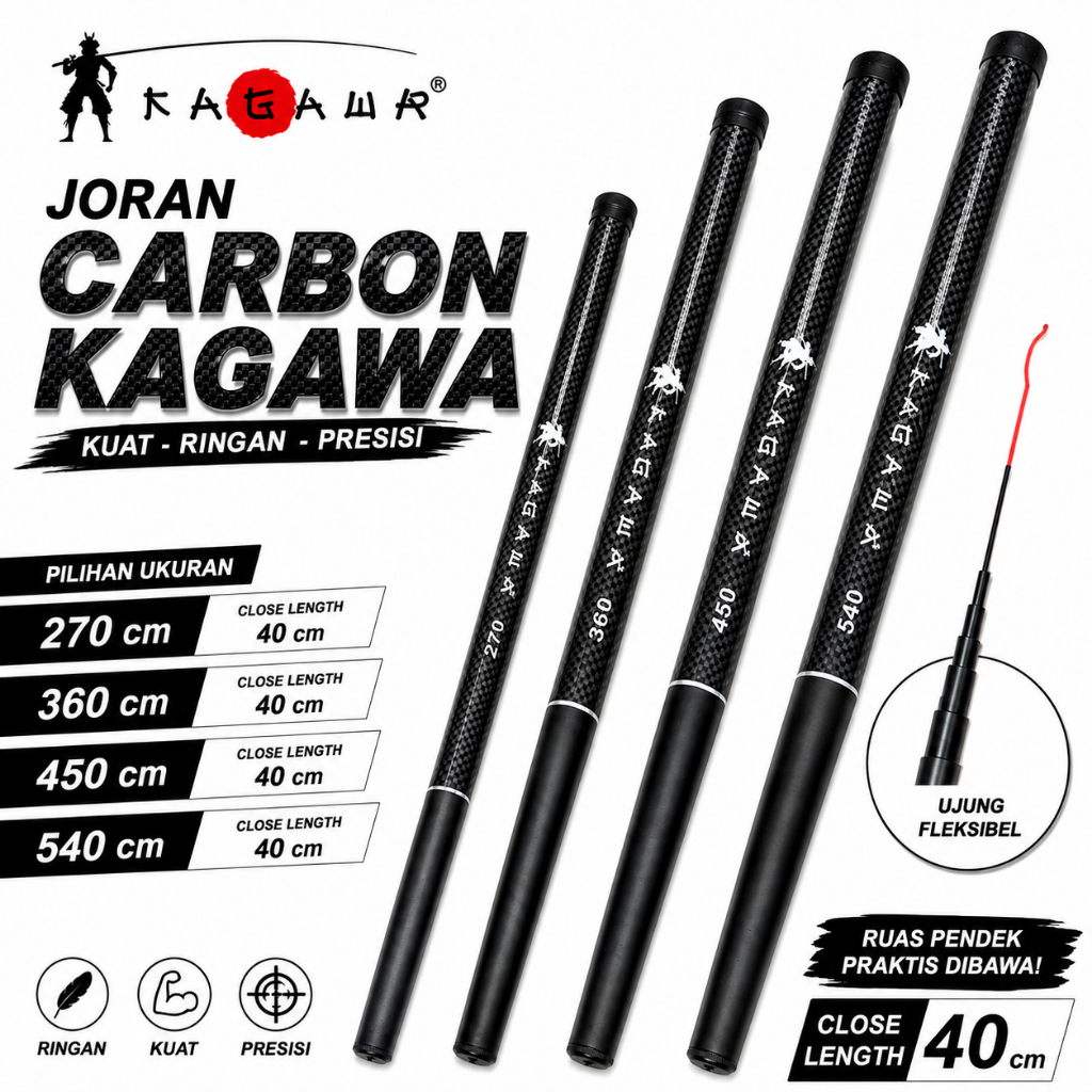 Tegek Batik Joran Pancing Ruas Pendek Ruas 40cm Desain Carbon Kotak ukuran lengkap 270/360/450/540
