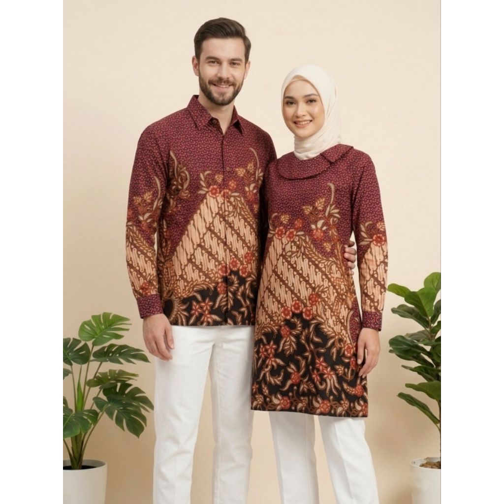 batik couple premium solo warna merah maroon bahan katun halus