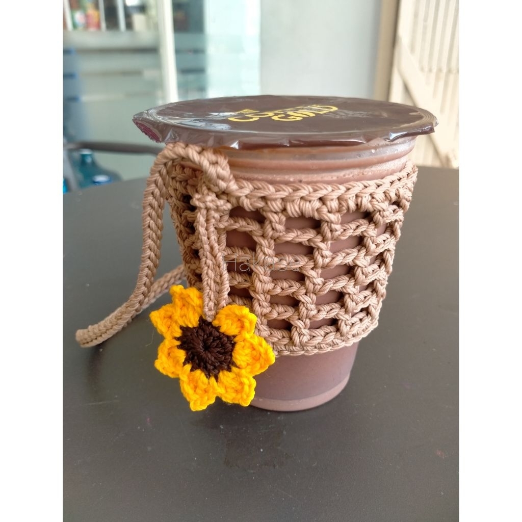 Crochet Sunflower Cup Holder || Cup Holder Rajut Bunga Matahari