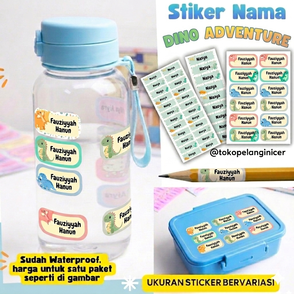 3 Pack Stiker Nama Anak Waterproof Custom Tema Dinosaurus Anti Air Untuk Buku Botol Bekal