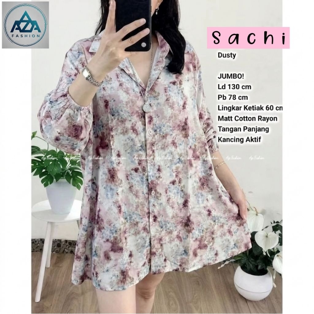 SACHI TUNIK ELEGAN MOTIF BUNGA/KEMEJA CASUAL WANITA JUMBO/BLOUSE RAYON IMPORT LD 130 CM FIT XXL