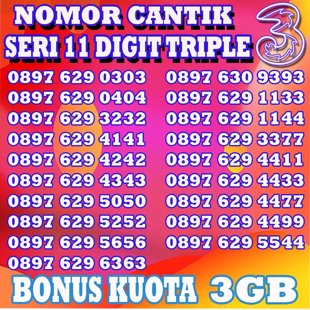 Kartu Perdana Tri 3 Prabayar Kategori 11 Digit Seri Triple Nomor Cantik Anag 1