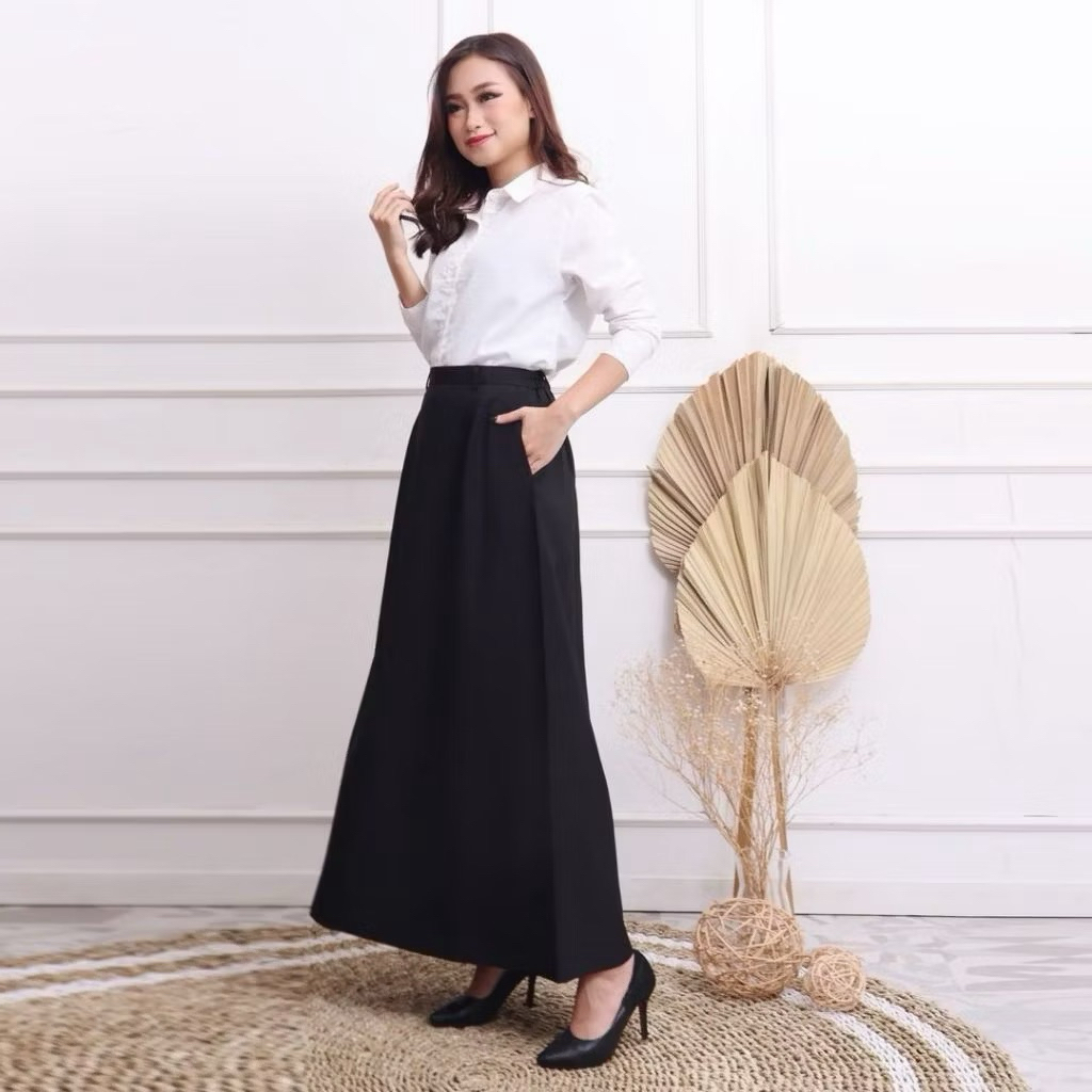 Rok A-Line Hitam Panjang Ospek Kuliah Sidang Kerja / Rok Hitam Polos Basic Wanita