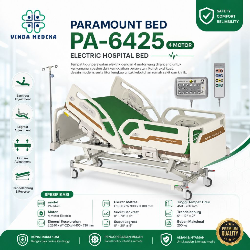 Tempat Tidur Pasien Elektrik 4 Motor Paramount Bed PA-6425 | Electric Hospital Bed ICU Manual Remote