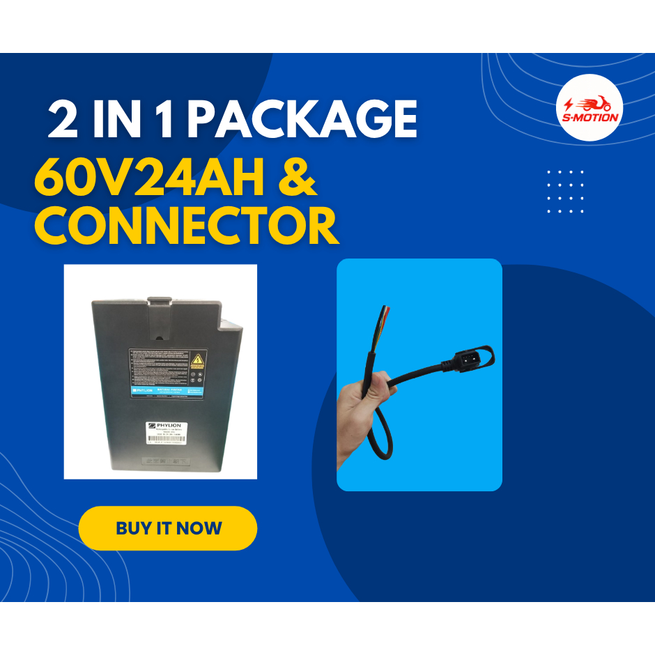 Package 2 in 1 — Baterai Lithium Phylion 60V 24Ah + Connector Motor Listrik Original