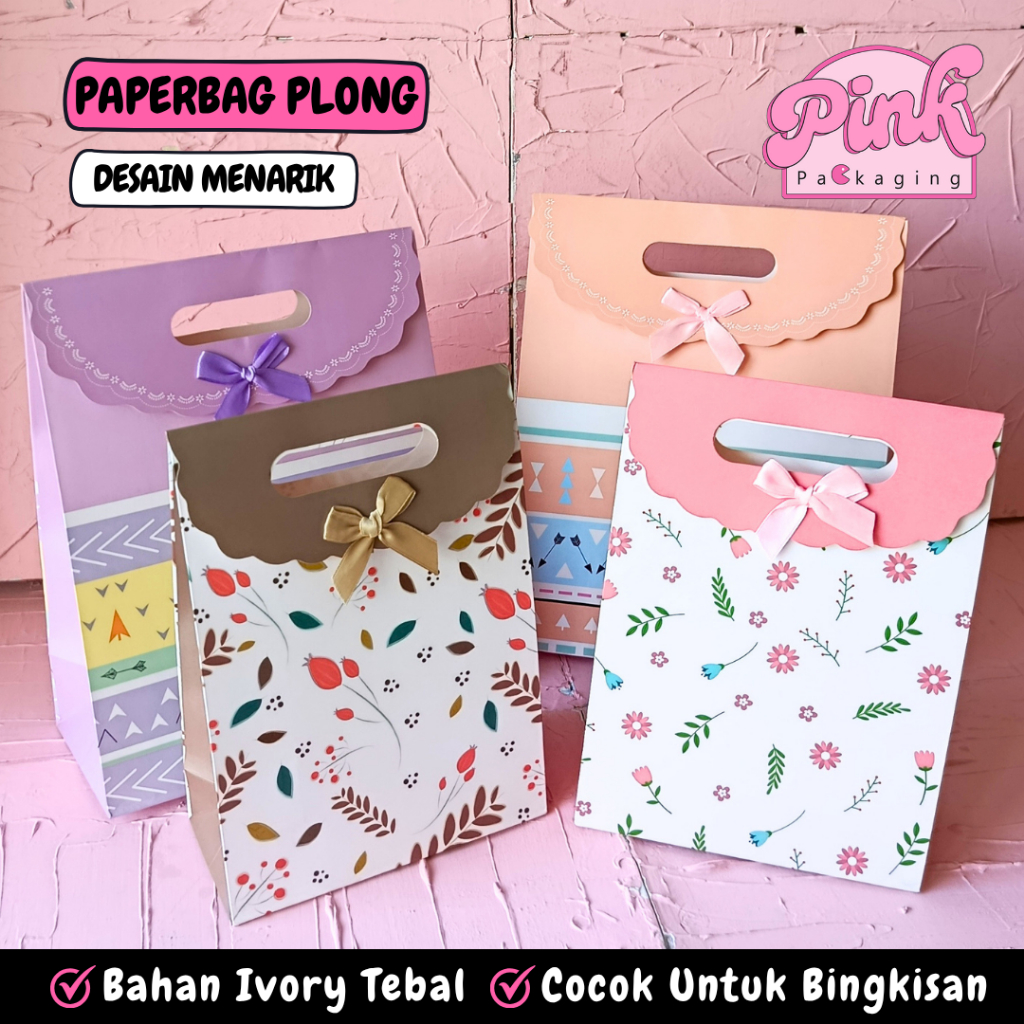 Paperbag Plong Ivory Tebal Motif Bunga & Tribal - Tas Kertas Hampers Souvenir Ulang Tahun Cantik Pin