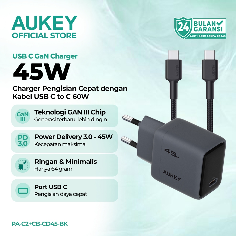 [PAKET HEMAT] AUKEY Charger GaN 20W 45W Fast Charging USB-C iPhone 17 16 15 14 Samsung MacBook Lapto