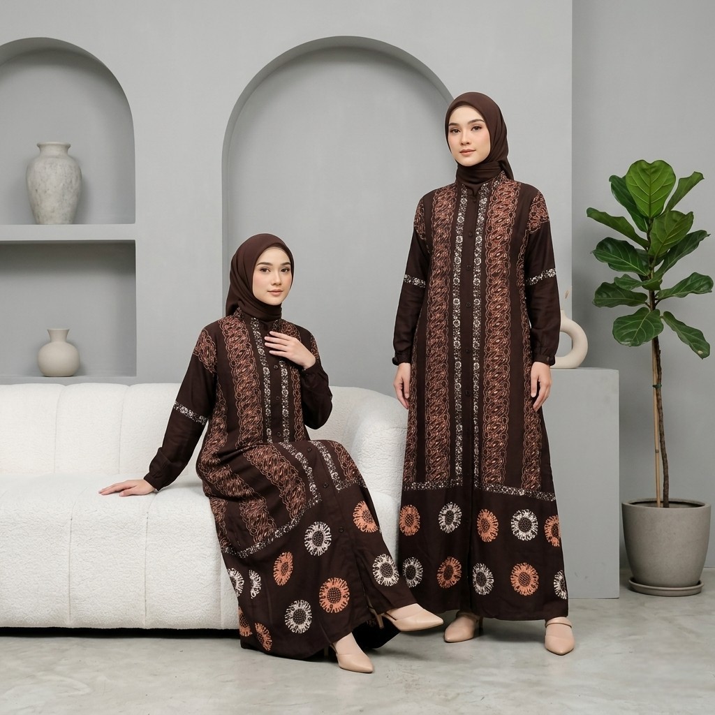 Gamis Wanita Syari Jumbo Twill Rayon LD 130 Batik Pekalongan Cap Malaman Ori Home Dress