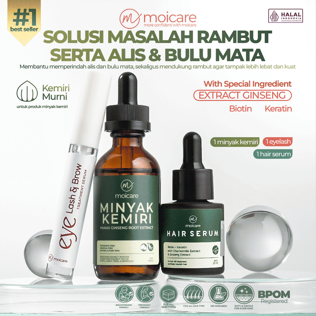 Moicare Special Bundling 3 PCS - Paket Hair Growth Serum Minyak Kemiri Ekstrak Ginseng Eye Lash & Br
