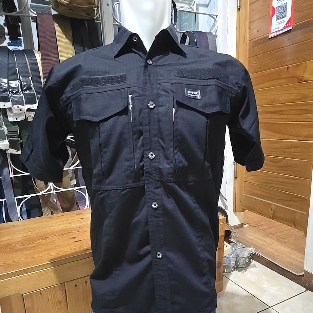 Kemeja Tactical W-tec Hitam premium bahan Ripstop Pernusa