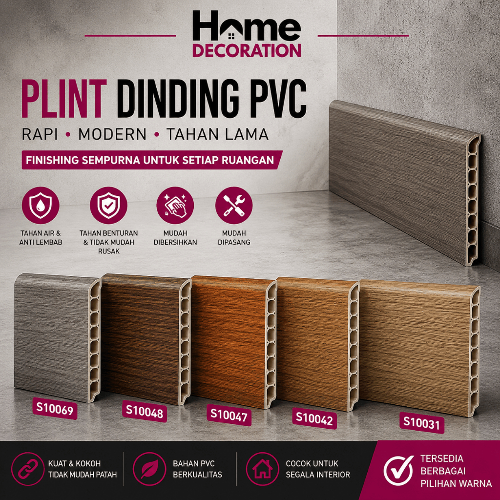 Home Decoration Skirting List PVC Motif Kayu Plint Dinding Interior Anti Air Anti Rayap List Penutup