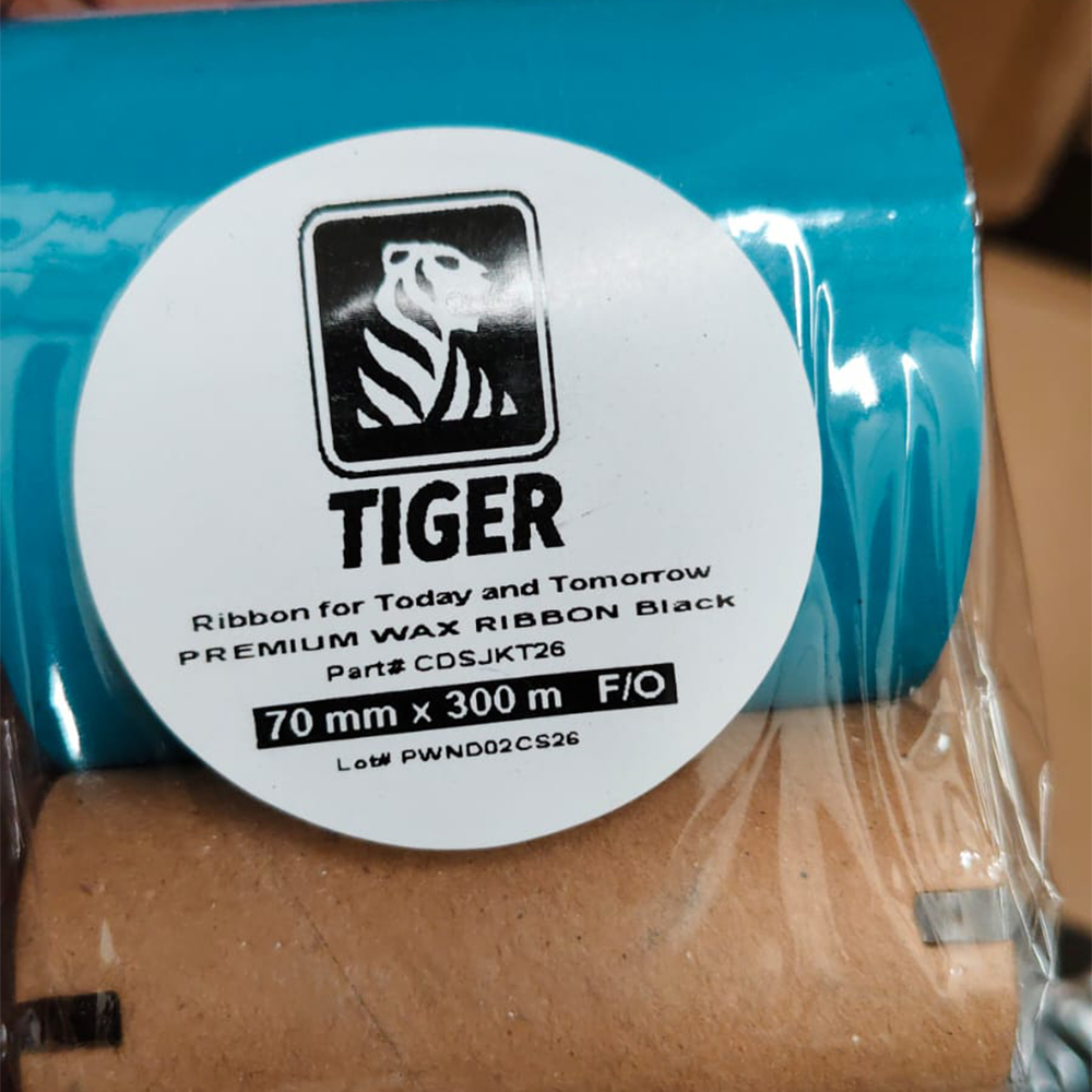 Tiger Ribbon Barcode Wax 70 x 300 M Double Core Pita Tinta Printer Face Out Hitam