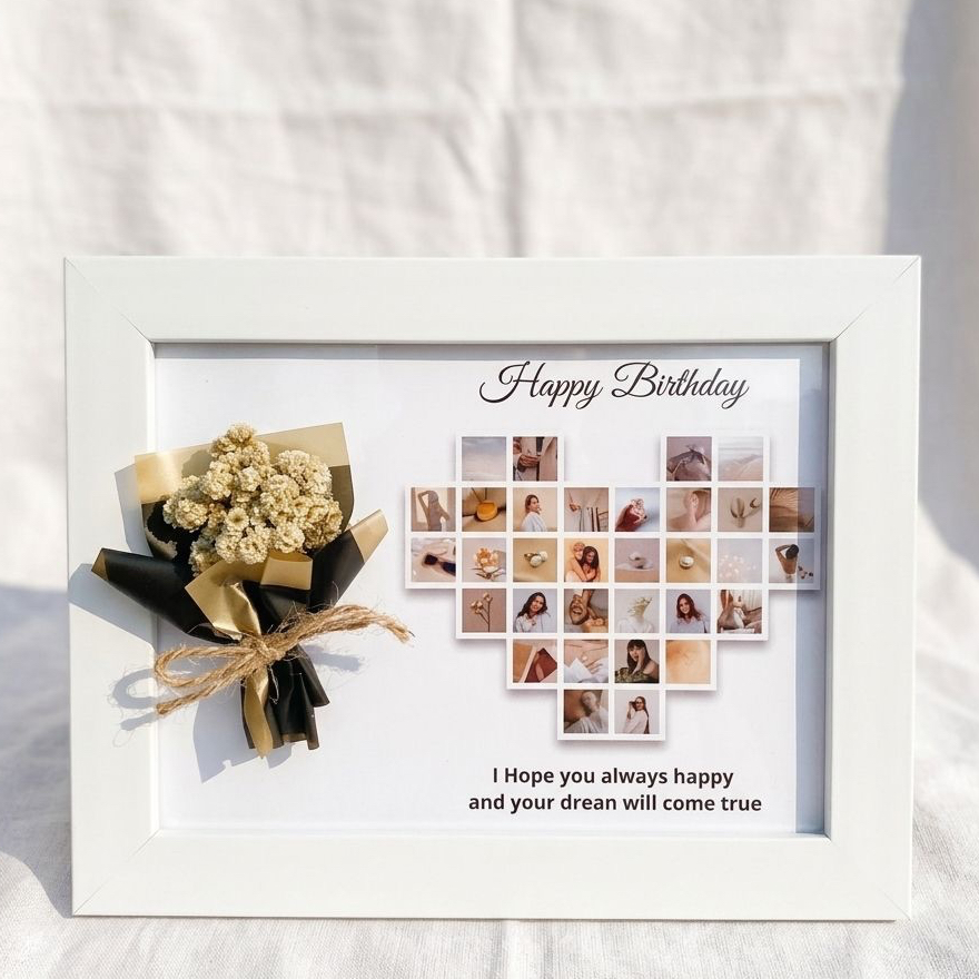 Hadiah Wisuda Bingkai Foto Kolase 32 Foto Frame Putih Minimalis Buket Bunga Edelweis Kado Pernikahan