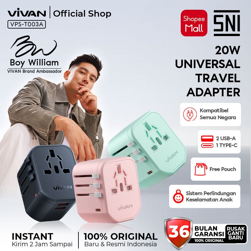 VIVAN Travel Adaptor Universal QC PD 12W/20W/25W/45W/65W/70W/75W VPS-T003A USB Type-C Multi-country 