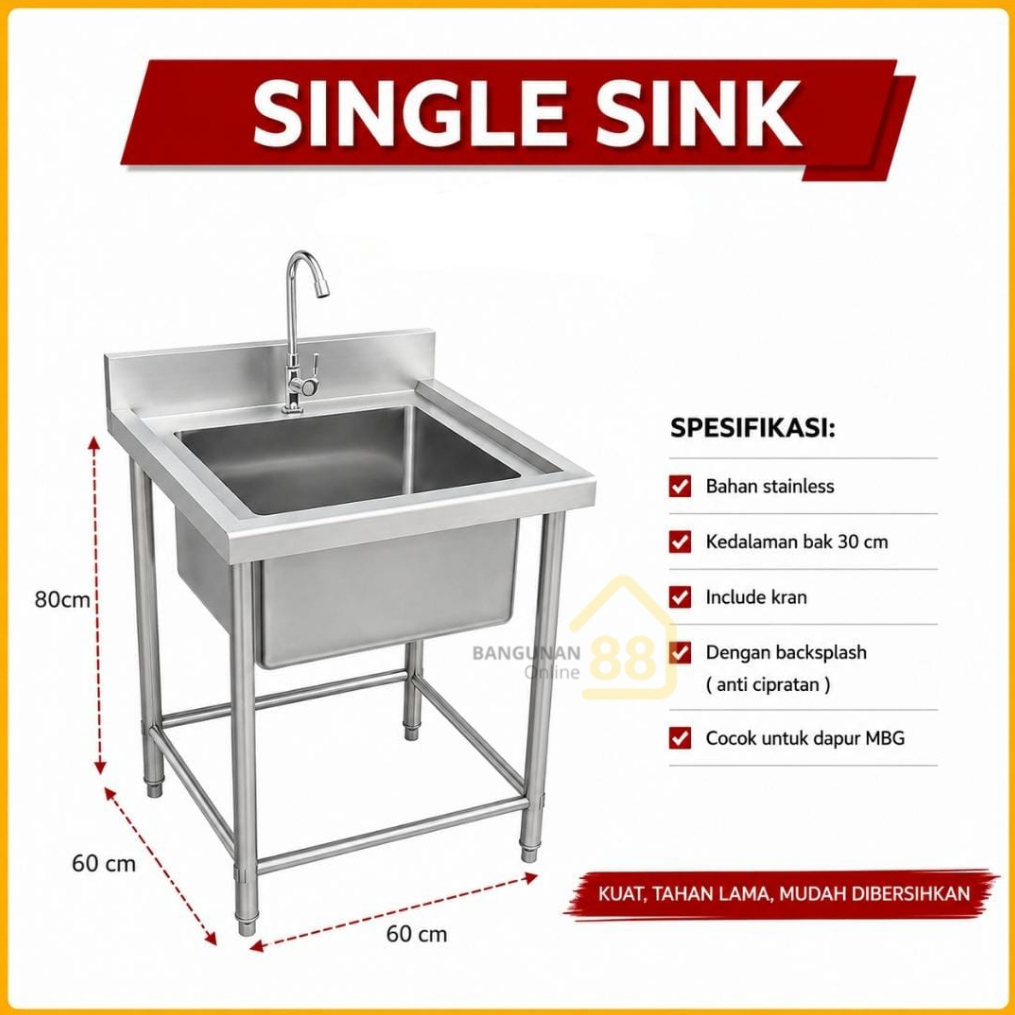Wastafel 1 Lubang Stainless MBG Single Sink Stainless Bak Cuci Piring 1 Lubang