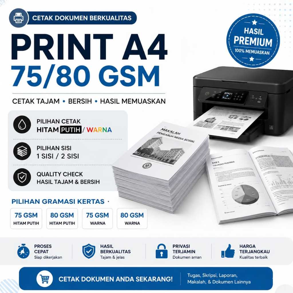 Jasa Print A4 HVS 75 GSM | Hitam Putih & Warna | 1 Sisi / Bolak Balik | Cetak Tugas Skripsi