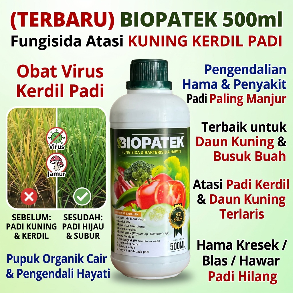 500 ML BIOPATEK Obat Daun Padi Menguning Kerdil Bulai Hawar Bakteri Jamur Virus Wereng Pestisida Per