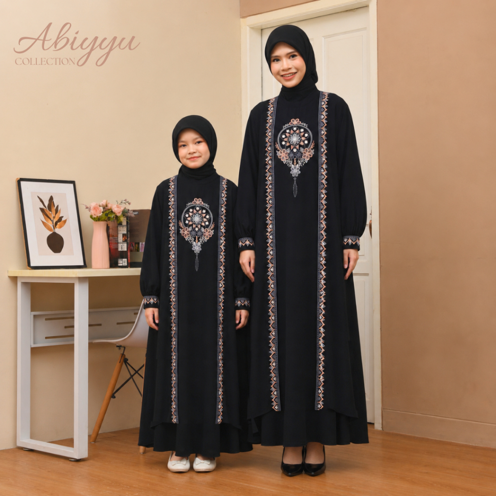 Abiyyuco Raina  | Gamis Abaya Couple Ibu Anak Perempuan Remaja Bahan Jetblack Wolfis Hitam Dan Putih