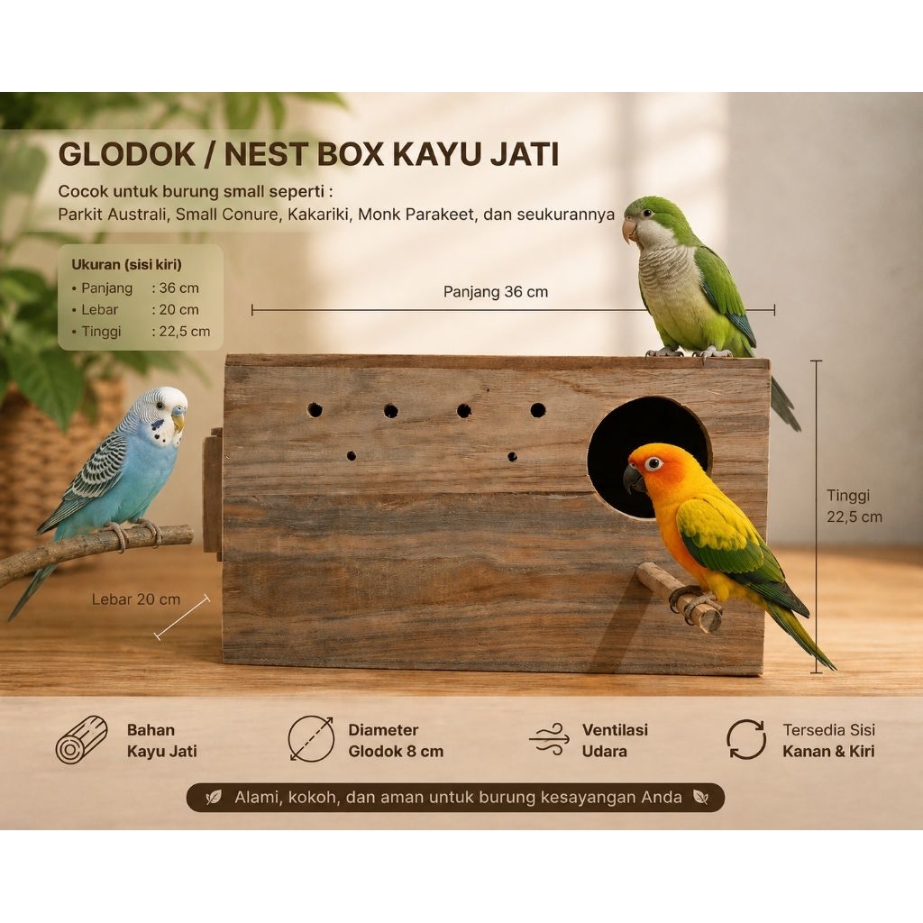 GLODOK / NEST BOX JATI UNTUK BURUNG SMALL (PARKIT AUSTRALI , SMALL CONURE , KAKARIKI , MONK PARAKEET