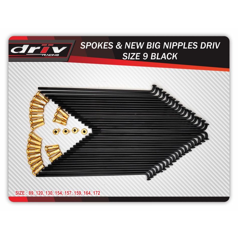 Jari Jari Motor DRIV Size 9 Ukuran 172 Hitam + Nipple Besar Gold Spoke Racing Velg Jari Trail Superm