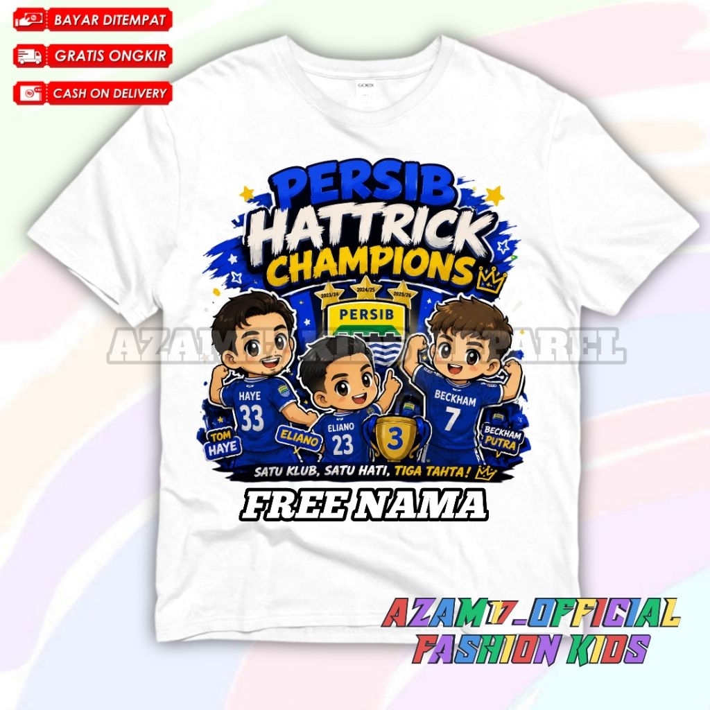 Kaos Anak Baju Anak Persib Hattrick Champions Free Nama / Kaos Tshirt Anak Persib Juara 2026